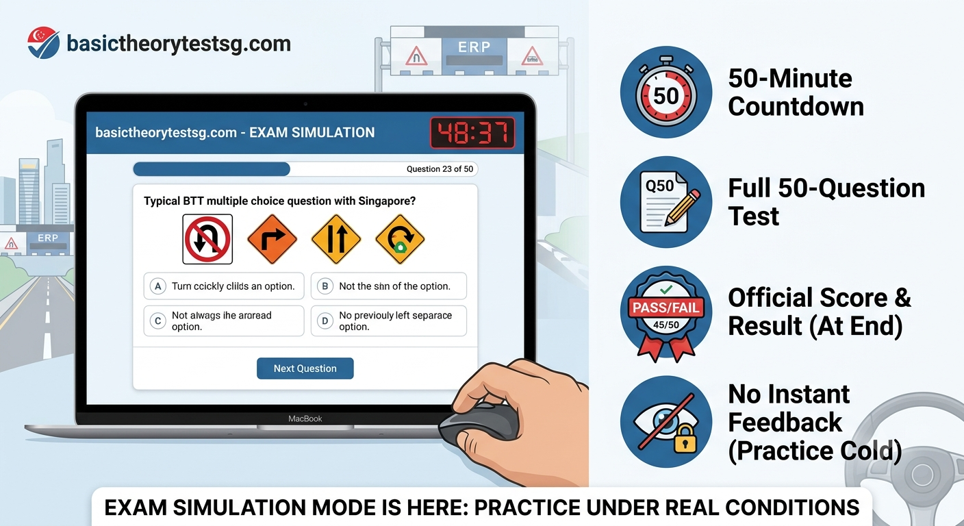 Exam Simulation Mode - Free BTT & FTT Mock Test Singapore | 50 Questions 50 Minutes
